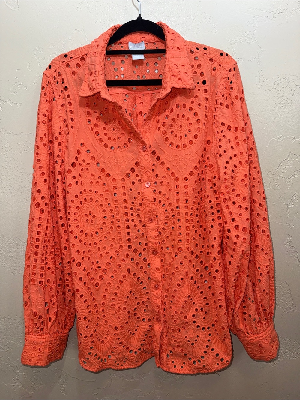 Chico's‎ Coral Orange Eyelet Button-Down Shirt 100% Cotton. Size 3 (16/18)